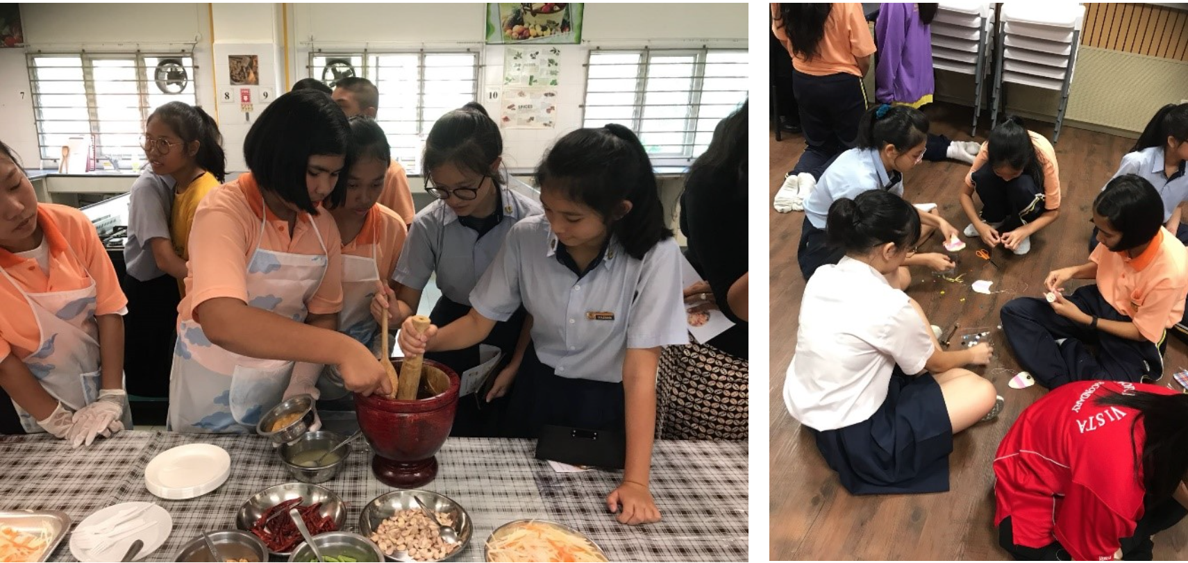 Students use a mortar and pestle at a cooking table; others sit on the floor working on a craft activity.